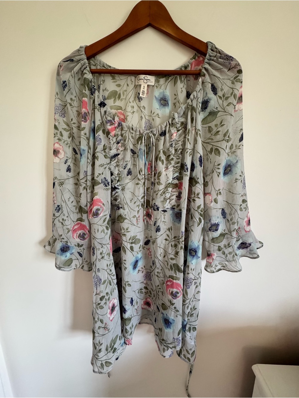 Jessica Simpson Maternity Sage Floral Tie-Front Tunic with Pink and Blue Blooms